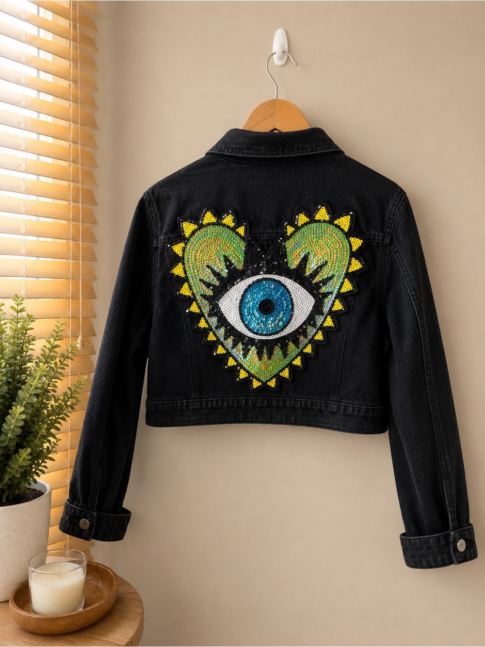 Black Denim Jacket with Eye Heart Sequin Patch